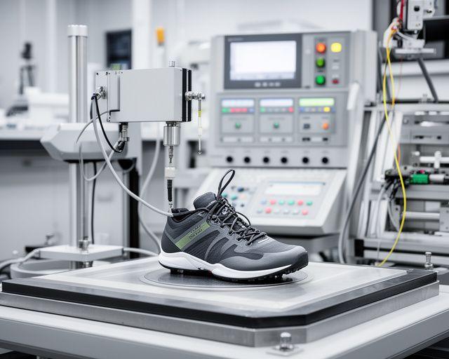 Sportlabor mit Messgeräten, Druckplatten und einem Schuhprototypen auf einer Testbahn