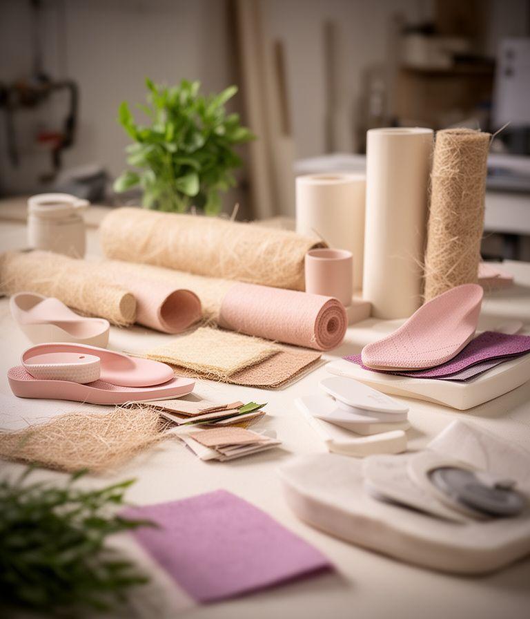 Nachhaltige Schuhproduktion mit Materialmustern und Pflanzenfaser-Rollen in einem modern beleuchteten Zürcher Atelier